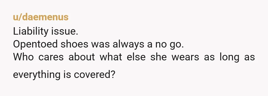 u/daemenus
Liability issue.
Opentoed shoes was always a no go.
Who cares about what else she wears as long as everything is covered?