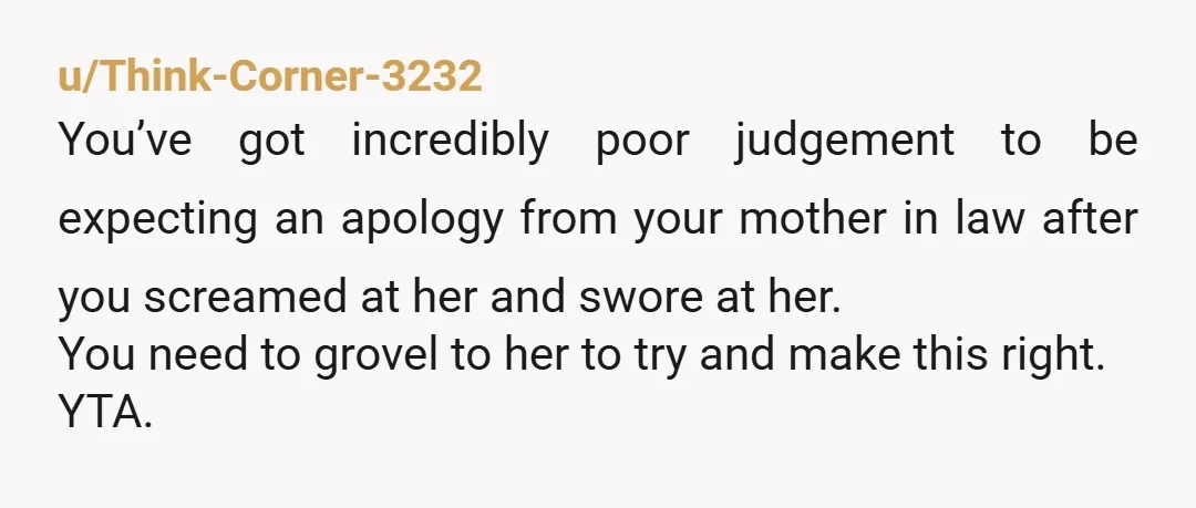 u/Think-Corner-3232 You’ve got incredibly poor judgement to be expecting an apology from your mother in law after you screamed at her and swore at her. You need to grovel to...