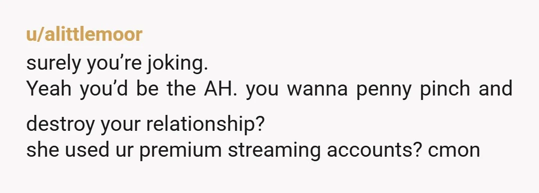 u/alittlemoor
surely you’re joking.
Yeah you’d be the AH. you wanna penny pinch and destroy your relationship?
she used ur premium streaming accounts? cmon