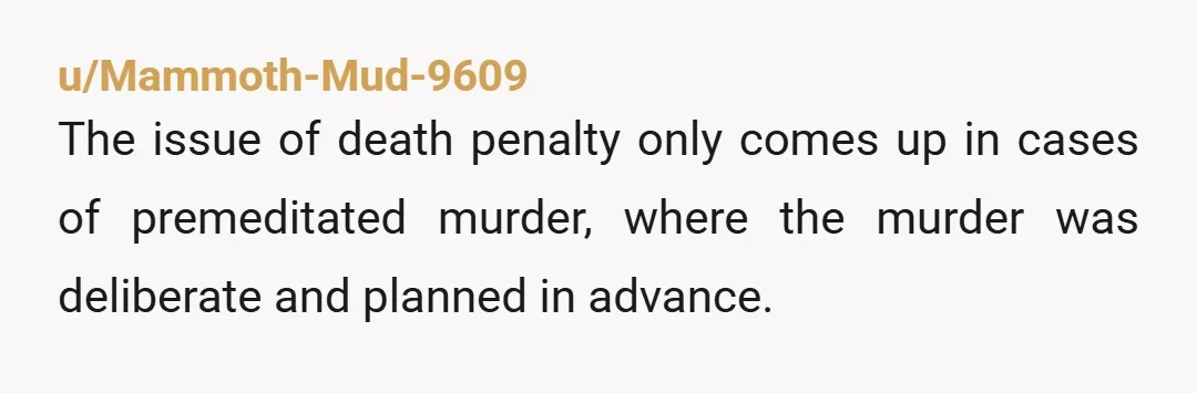 u/Mammoth-Mud-9609
The issue of death penalty only comes up in cases of premeditated murder, where the murder was deliberate and planned in advance.