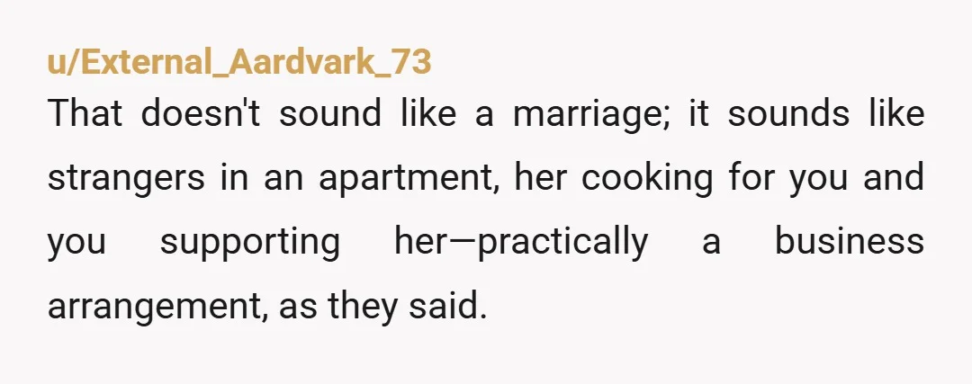u/External_Aardvark_73
That doesn't sound like a marriage; it sounds like strangers in an apartment, her cooking for you and you supporting her—practically a business arrangement, as they said.