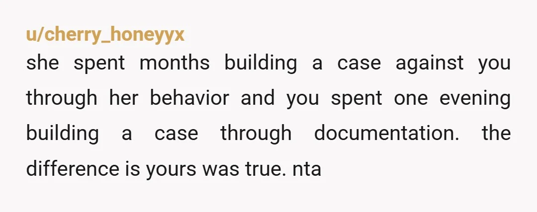 u/cherry_honeyyx she spent months building a case against you through her behavior and you spent one evening building a case through documentation. the difference is yours was true. nta