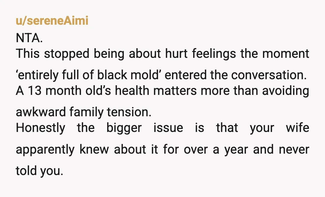 u/sereneAimi NTA. This stopped being about hurt feelings the moment ‘entirely full of black mold’ entered the conversation. A 13 month old’s health matters more than avoiding awkward family tension....