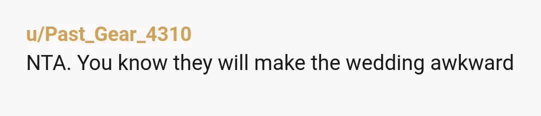 u/Past_Gear_4310
NTA. You know they will make the wedding awkward