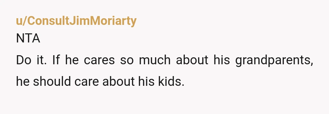 u/ConsultJimMoriarty
NTA
Do it. If he cares so much about his grandparents, he should care about his kids.