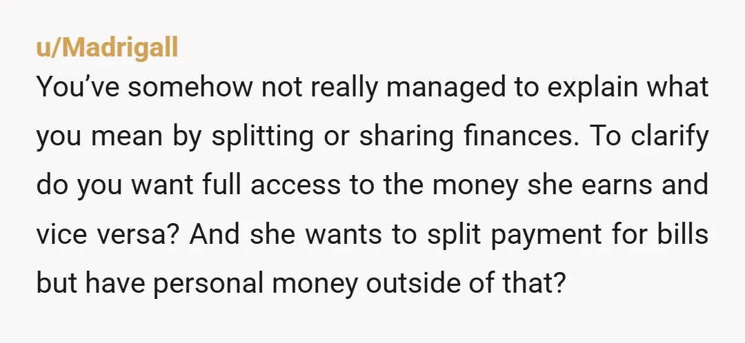 u/Madrigall You’ve somehow not really managed to explain what you mean by splitting or sharing finances. To clarify do you want full access to the money she earns and vice...