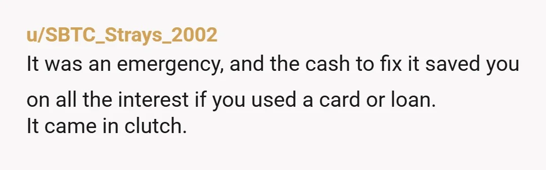u/SBTC_Strays_2002 It was an emergency, and the cash to fix it saved you on all the interest if you used a card or loan. It came in clutch.