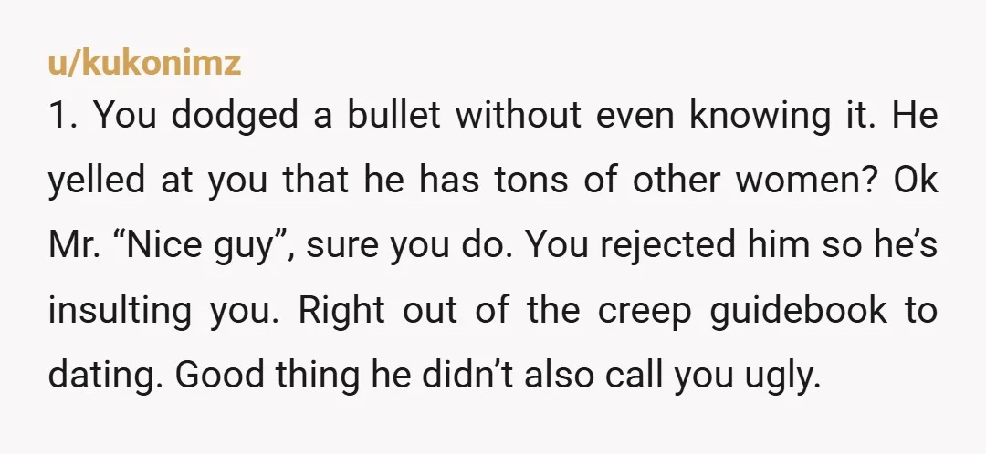 u/kukonimz 1. You dodged a bullet without even knowing it. He yelled at you that he has tons of other women? Ok Mr. “Nice guy”, sure you do. You rejected...