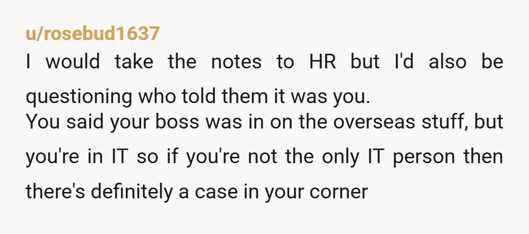 u/rosebud1637 I would take the notes to HR but I'd also be questioning who told them it was you. You said your boss was in on the overseas stuff, but...