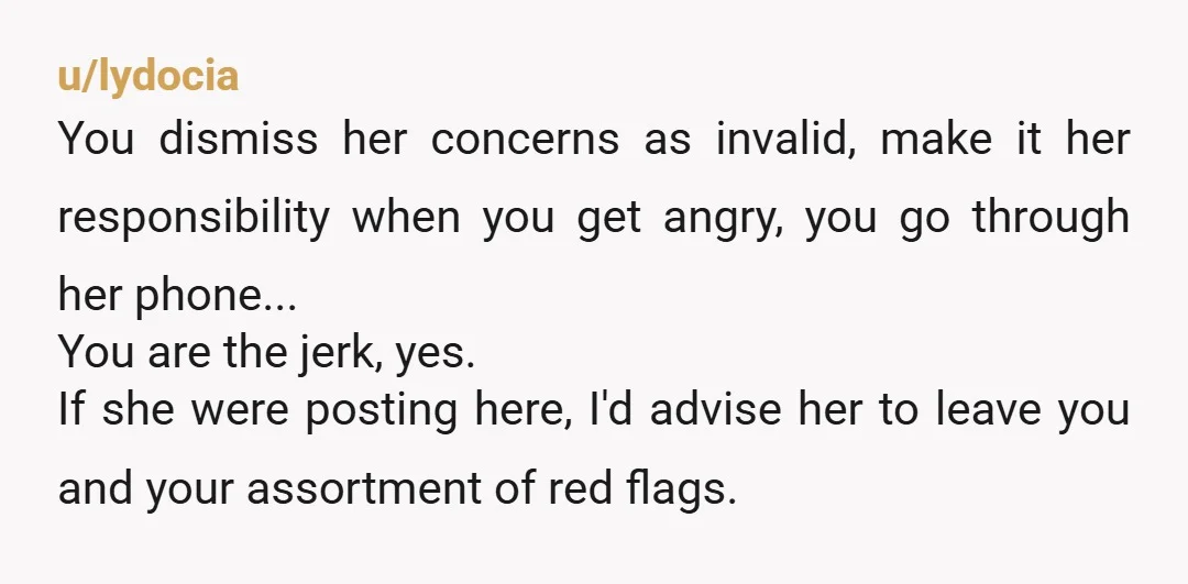 u/lydocia You dismiss her concerns as invalid, make it her responsibility when you get angry, you go through her phone... You are the jerk, yes. If she were posting here,...