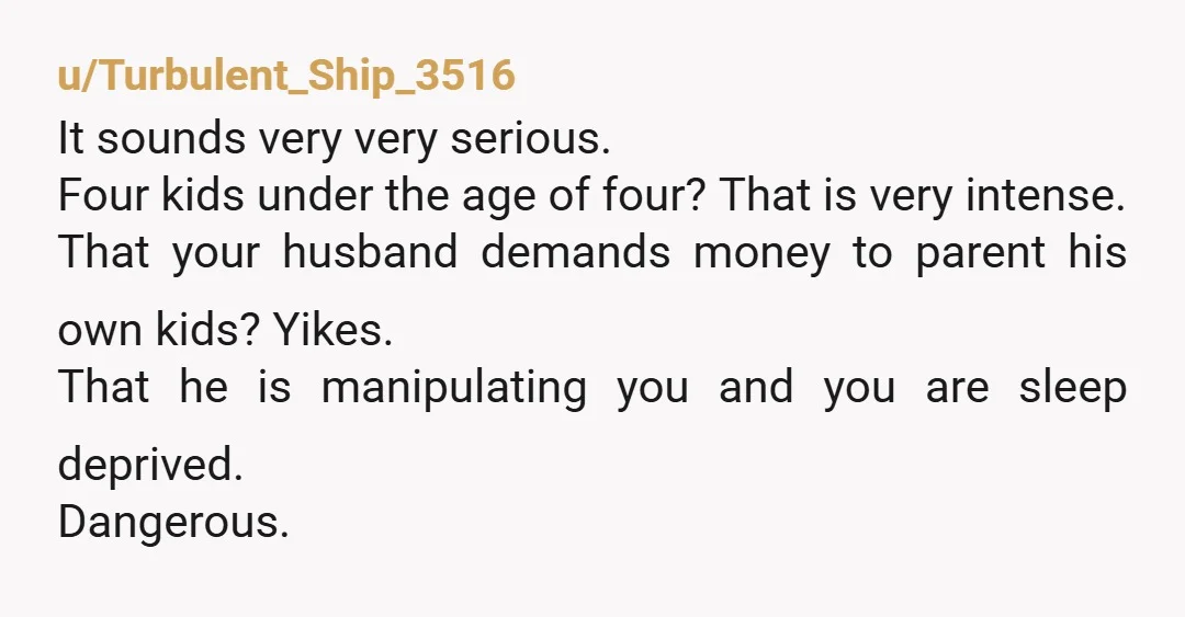 u/Turbulent_Ship_3516 It sounds very very serious. Four kids under the age of four? That is very intense. That your husband demands money to parent his own kids? Yikes. That he...