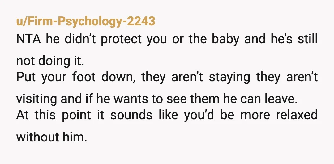 u/Firm-Psychology-2243 NTA he didn’t protect you or the baby and he’s still not doing it. Put your foot down, they aren’t staying they aren’t visiting and if he wants to...