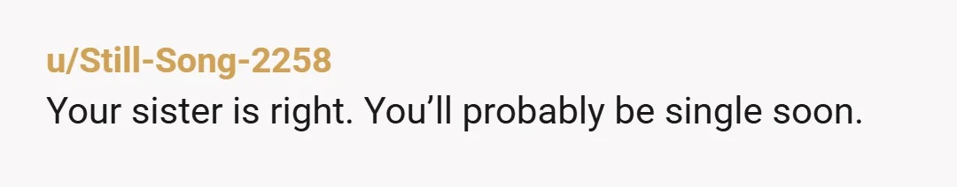 u/Still-Song-2258
Your sister is right. You’ll probably be single soon.  