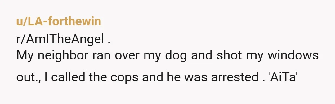 u/LA-forthewin r/AmITheAngel . My neighbor ran over my dog and shot my windows out., I called the cops and he was arrested . 'AiTa'