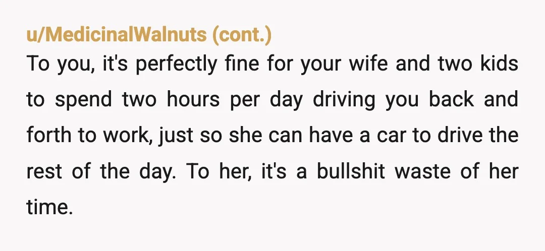 u/ih8pickles7824 YTA. Are you the one wrangling two toddlers, and their stuff, in and out of the car? Are you the one dealing with the sibling car fights and the...