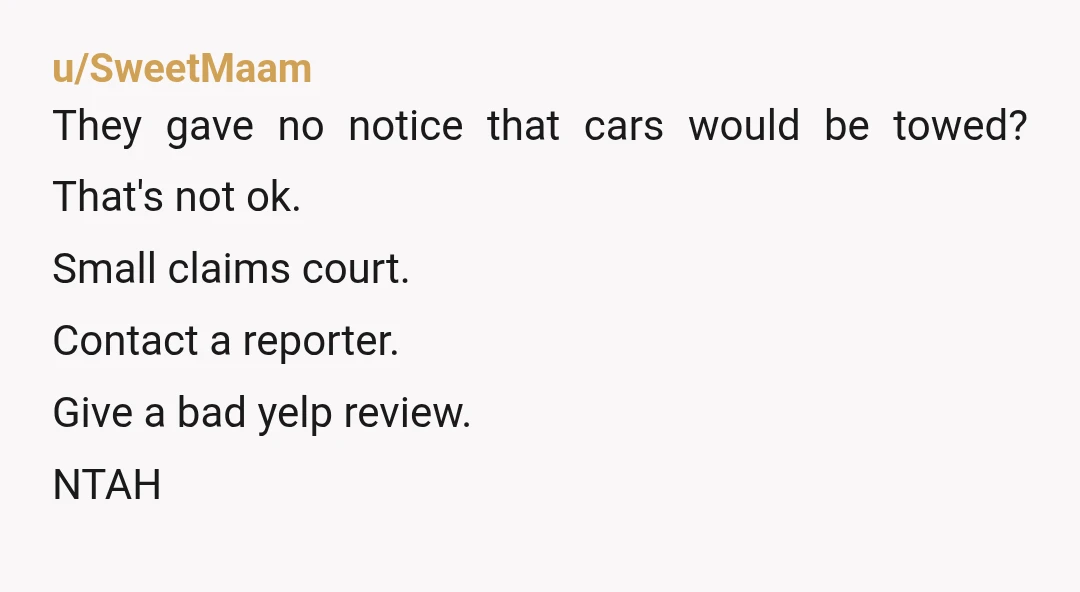 u/AStoryForOne Sounds like it wasn't a legal towing, should have called the police that your car was stolen. NTA, In every place I can think, the apartment has to give...