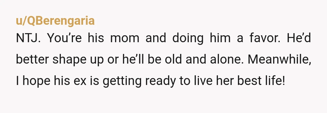 u/QBerengaria NTJ. You’re his mom and doing him a favor. He’d better shape up or he’ll be old and alone. Meanwhile, I hope his ex is getting ready to live...