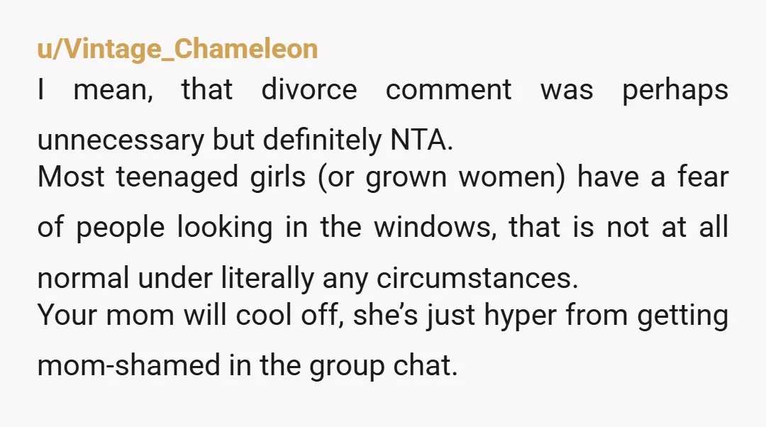 u/Vintage_Chameleon I mean, that divorce comment was perhaps unnecessary but definitely NTA. Most teenaged girls (or grown women) have a fear of people looking in the windows, that is not...