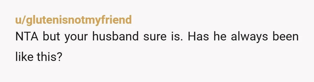 u/glutenisnotmyfriend
NTA but your husband sure is. Has he always been like this?