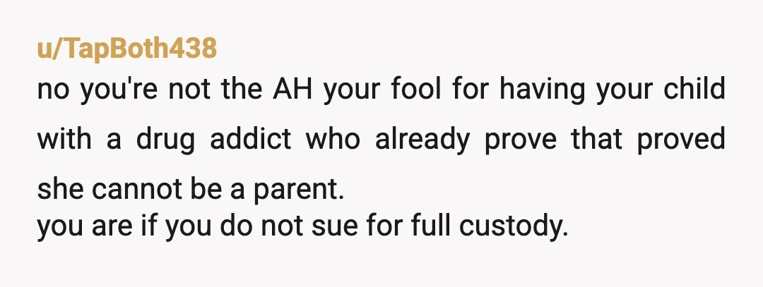u/TapBoth438 no you're not the AH your fool for having your child with a drug addict who already prove that proved she cannot be a parent. you are if you...
