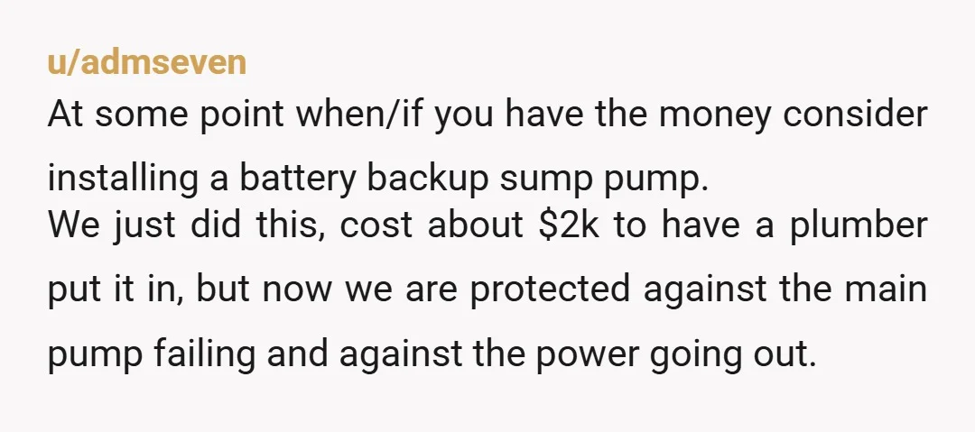 u/admseven At some point when/if you have the money consider installing a battery backup sump pump. We just did this, cost about $2k to have a plumber put it in,...