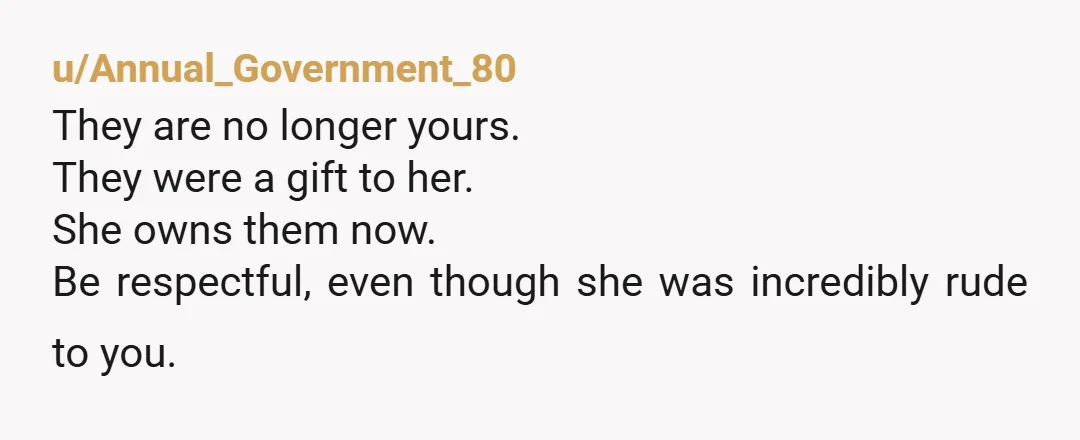u/Annual_Government_80 They are no longer yours. They were a gift to her. She owns them now. Be respectful, even though she was incredibly rude to you.
