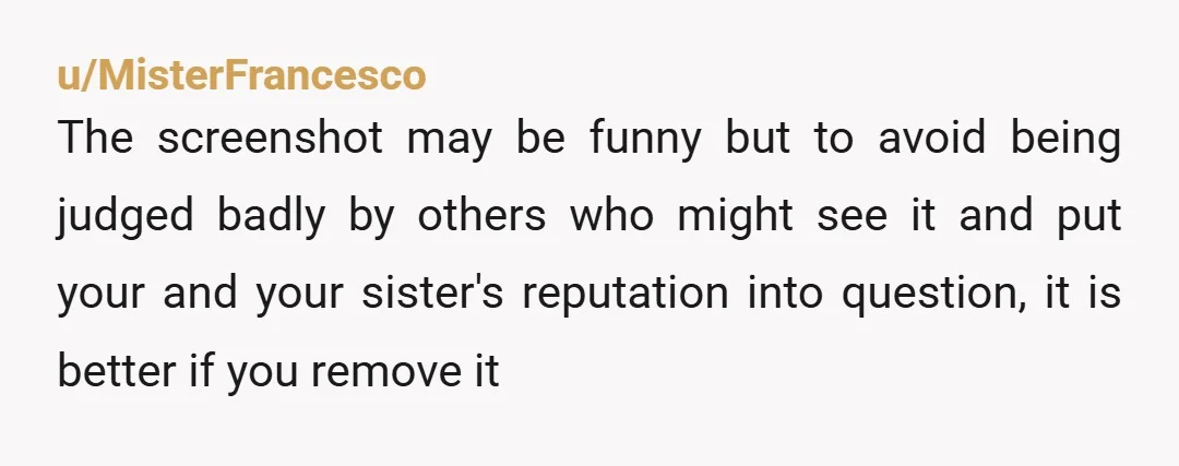 u/MisterFrancesco The screenshot may be funny but to avoid being judged badly by others who might see it and put your and your sister's reputation into question, it is better...