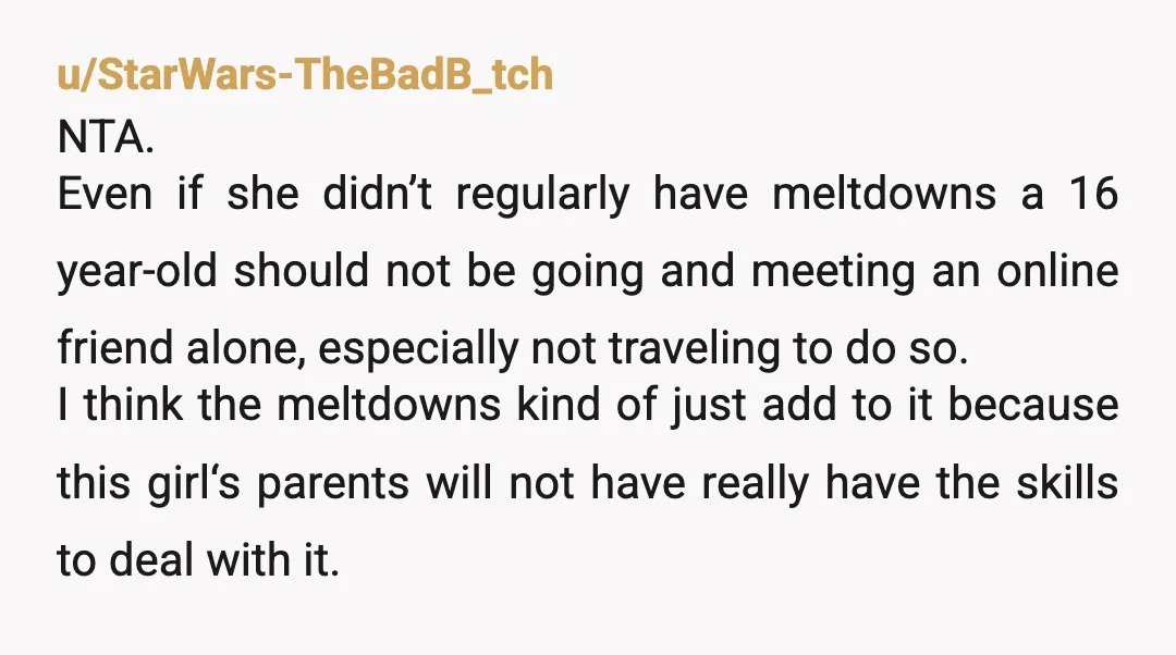 u/StarWars-TheBadB_tch NTA. Even if she didn’t regularly have meltdowns a 16 year-old should not be going and meeting an online friend alone, especially not traveling to do so. I think...