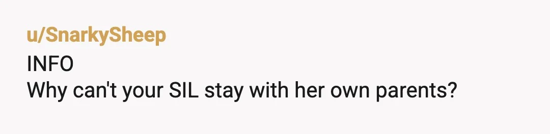 u/SnarkySheep
INFO
Why can't your SIL stay with her own parents?