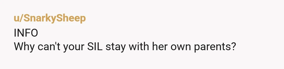 u/SnarkySheep
INFO
Why can't your SIL stay with her own parents?