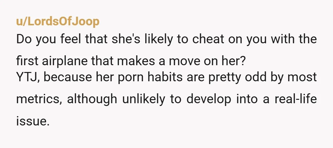 u/LordsOfJoop Do you feel that she's likely to cheat on you with the first airplane that makes a move on her? YTJ, because her porn habits are pretty odd by...