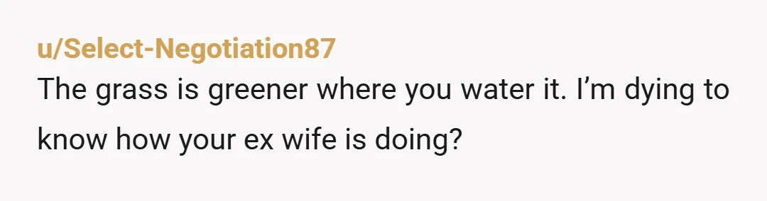 u/Select-Negotiation87
The grass is greener where you water it. I’m dying to know how your ex wife is doing?