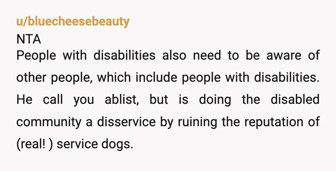 u/bluecheesebeauty NTA People with disabilities also need to be aware of other people, which include people with disabilities. He call you ablist, but is doing the disabled community a disservice...