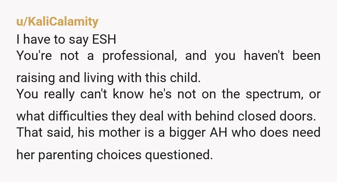 u/KaliCalamity I have to say ESH You're not a professional, and you haven't been raising and living with this child. You really can't know he's not on the spectrum, or...