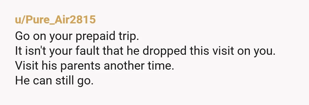 u/Pure_Air2815
Go on your prepaid trip.
It isn't your fault that he dropped this visit on you.
Visit his parents another time.
He can still go.