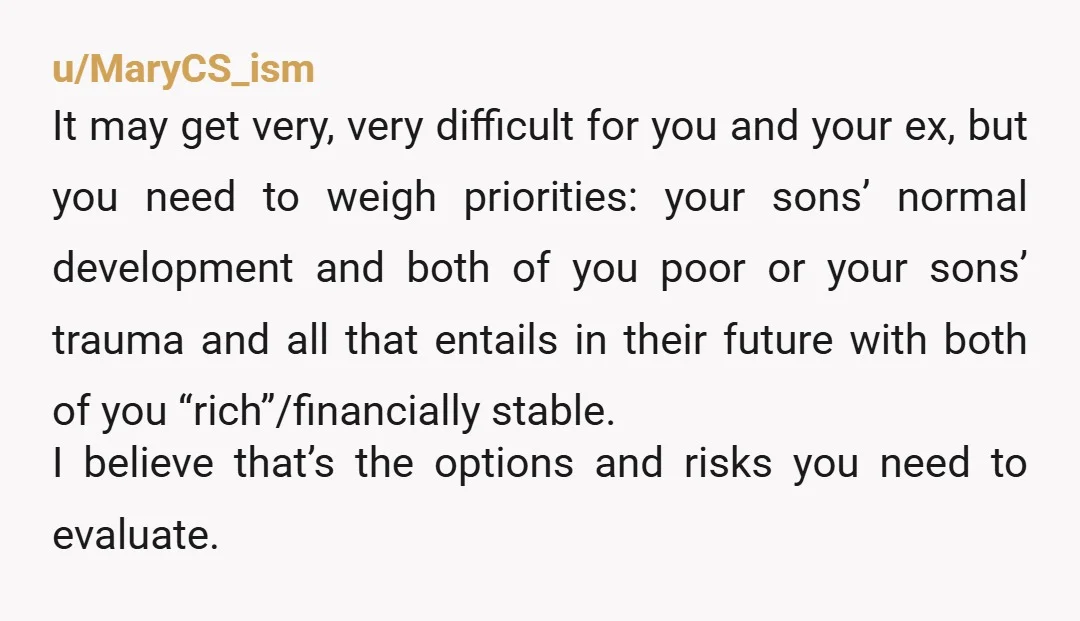 u/MaryCS_ism It may get very, very difficult for you and your ex, but you need to weigh priorities: your sons’ normal development and both of you poor or your sons’...