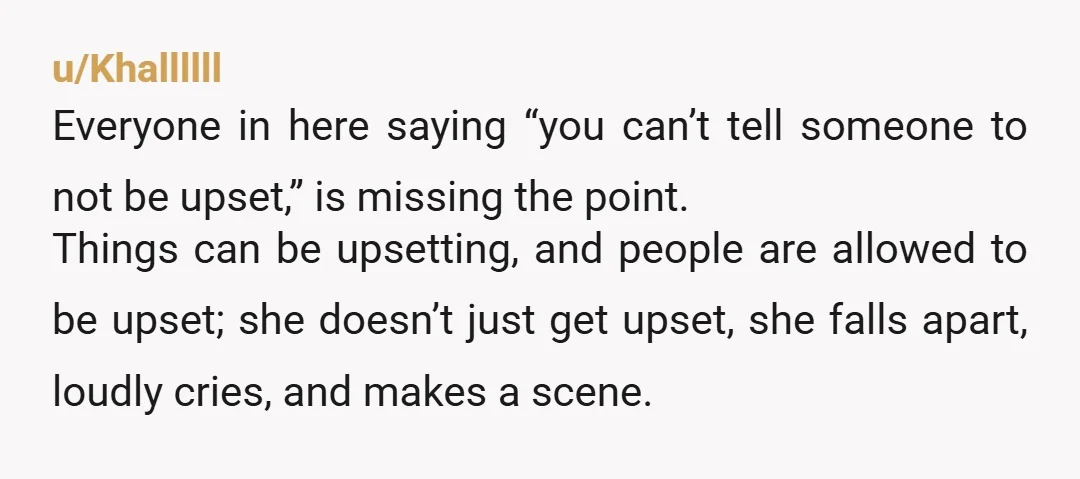 u/Salty-Living-3412
NTA.
As someone who used to be this sensitive, she needs a therapist/professional counseling.
You can’t blame others for your inability to cope like an adult