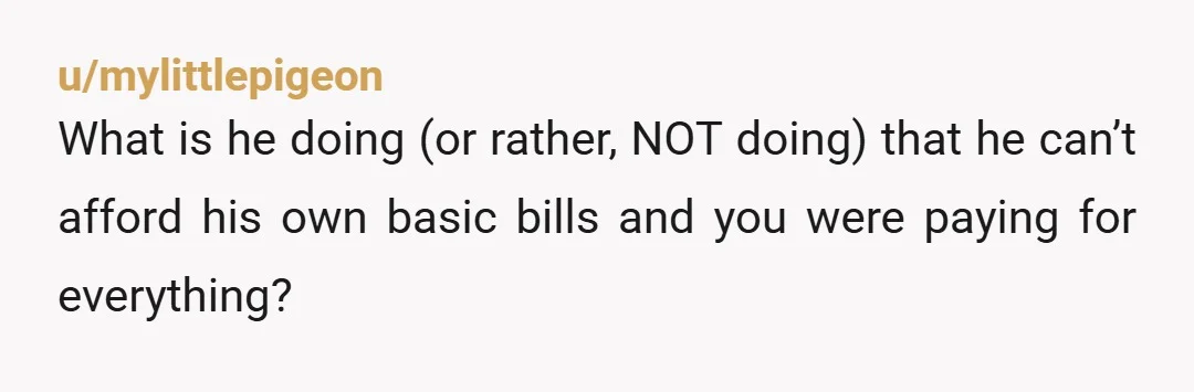 u/mylittlepigeon
What is he doing (or rather, NOT doing) that he can’t afford his own basic bills and you were paying for everything?