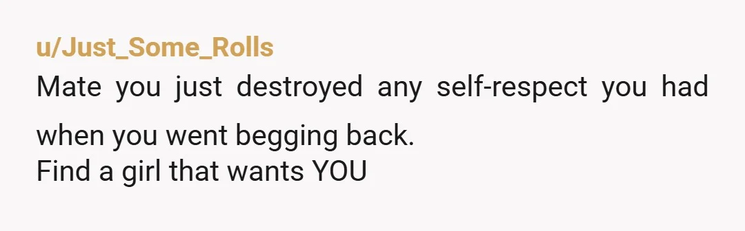 u/Just_Some_Rolls
Mate you just destroyed any self-respect you had when you went begging back.
Find a girl that wants YOU