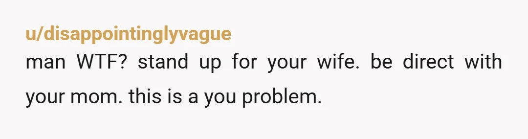 u/disappointinglyvague
man WTF? stand up for your wife. be direct with your mom. this is a you problem.