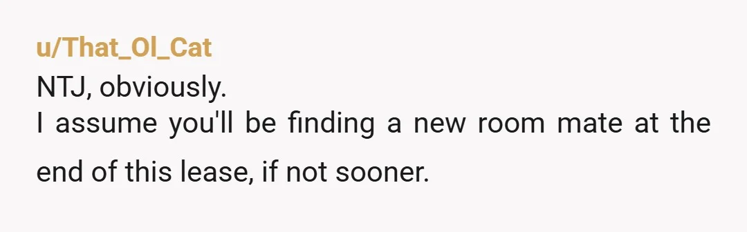 u/That_Ol_Cat NTJ, obviously. I assume you'll be finding a new room mate at the end of this lease, if not sooner.