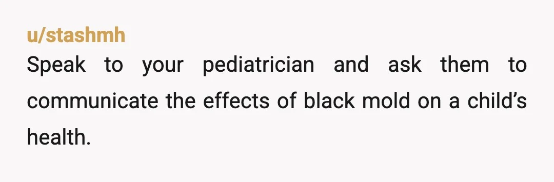 u/ImAnNPCsoWhat Gma can look after baby at your house. Black mold is the reason I got pneumonia 3x as a child and have lifelong asthma. Black mold and cockroaches are...