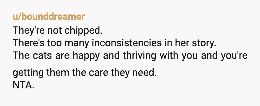 u/bounddreamer
They're not chipped.
There's too many inconsistencies in her story.
The cats are happy and thriving with you and you're getting them the care they need.
NTA.
