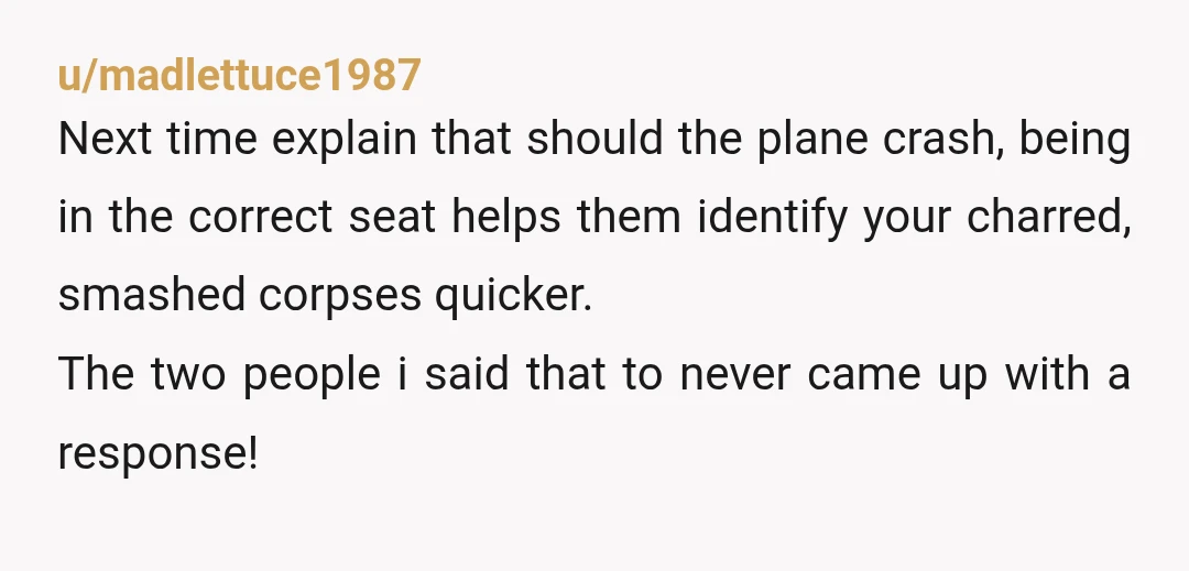 u/madlettuce1987 Next time explain that should the plane crash, being in the correct seat helps them identify your charred, smashed corpses quicker. The two people i said that to never...