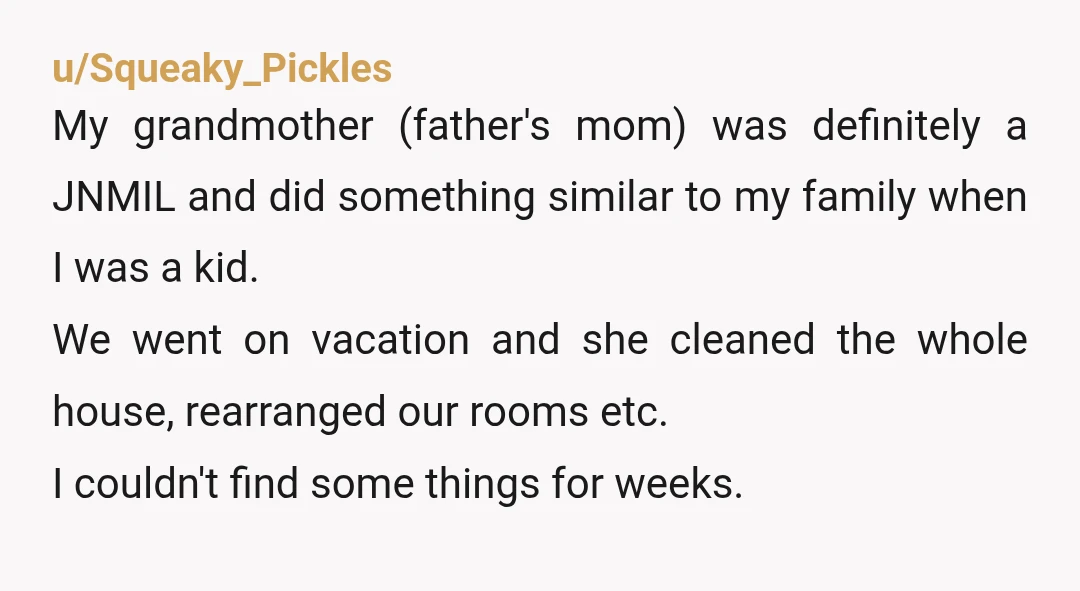 u/Squeaky_Pickles My grandmother (father's mom) was definitely a JNMIL and did something similar to my family when I was a kid. We went on vacation and she cleaned the whole...