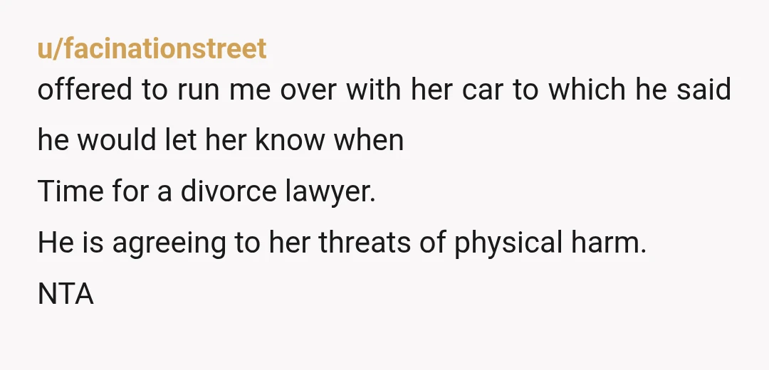 u/Joubachi NTA and I'm not even reading all of this. After her offer of "running you over eith a car" I'm out. It's not my husband and I want to...