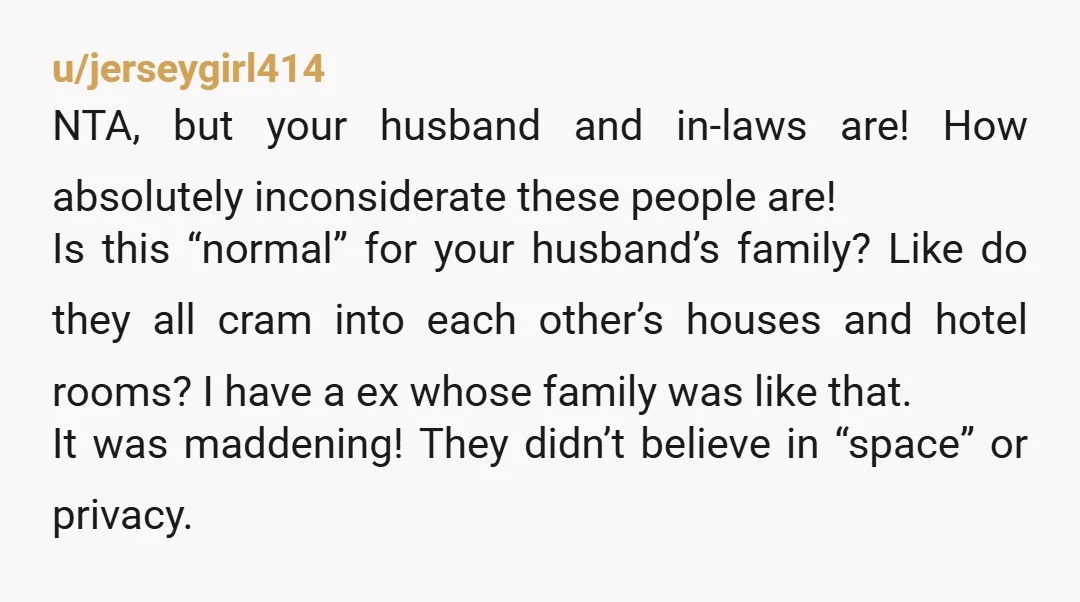 u/jerseygirl414 NTA, but your husband and in-laws are! How absolutely inconsiderate these people are! Is this “normal” for your husband’s family? Like do they all cram into each other’s houses...