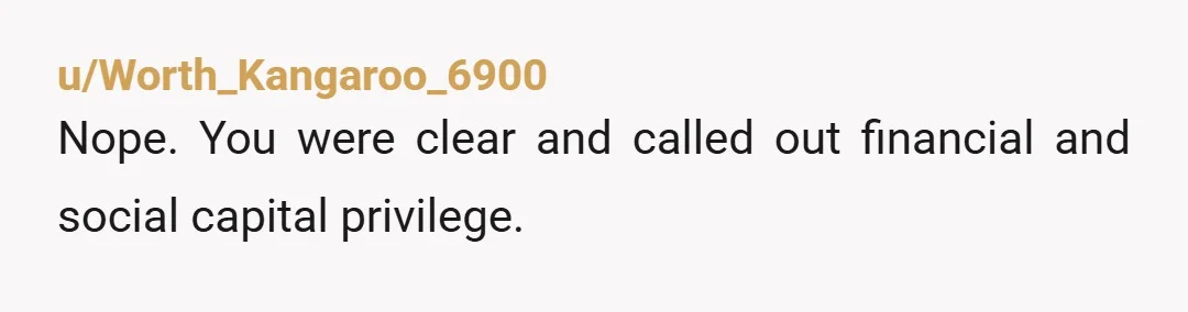 u/Worth_Kangaroo_6900
Nope. You were clear and called out financial and social capital privilege.