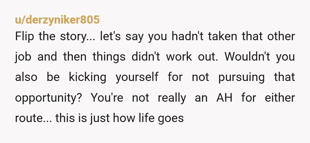 u/derzyniker805 Flip the story... let's say you hadn't taken that other job and then things didn't work out. Wouldn't you also be kicking yourself for not pursuing that opportunity? You're...