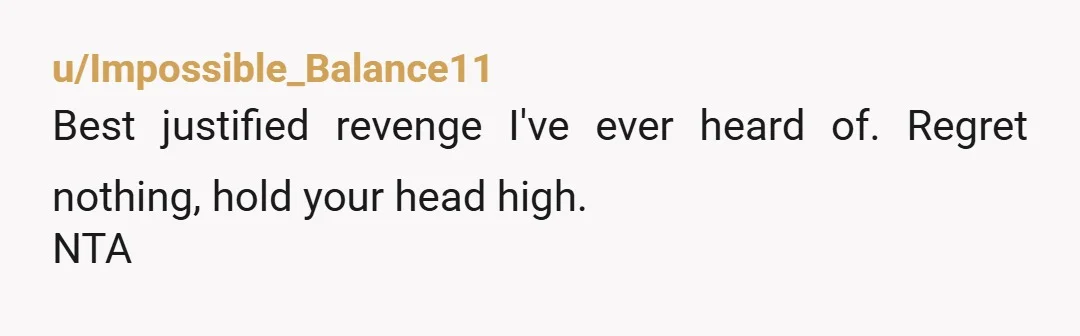 u/Impossible_Balance11 Best justified revenge I've ever heard of. Regret nothing, hold your head high. NTA